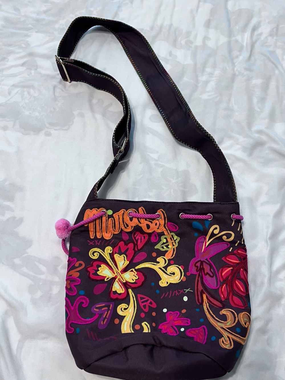 Dark Purple Floral Crossbody Bag with Pom Accent